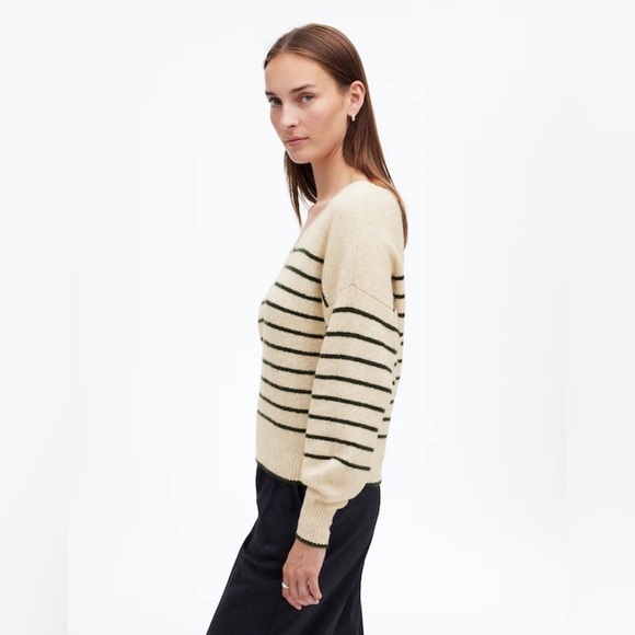 Madewell - Wedged Luxury Forest Green  Stripe V Neck Long Sleeve Sweater Size XS - Picture 2 of 12